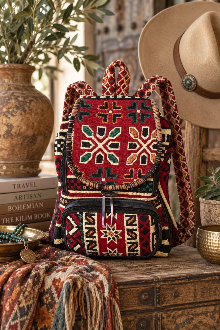 Kilim Style Woven Rug Backpack Red Geometric Boho Artisan Adjustable Straps
